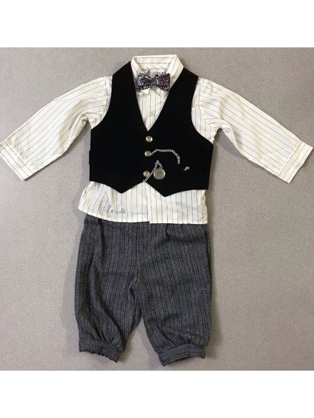 Vintage 4 Piece Boys 2T Set Velvet Vest w/“Pocket Watch” Pants Bow Goodlad Shirt